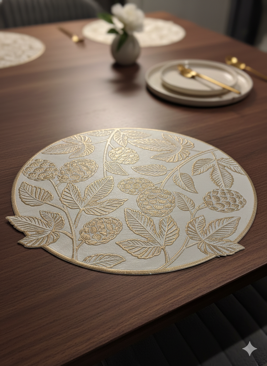 Premium Embroidered Floral Table Placemat – Elegant Gold Finish